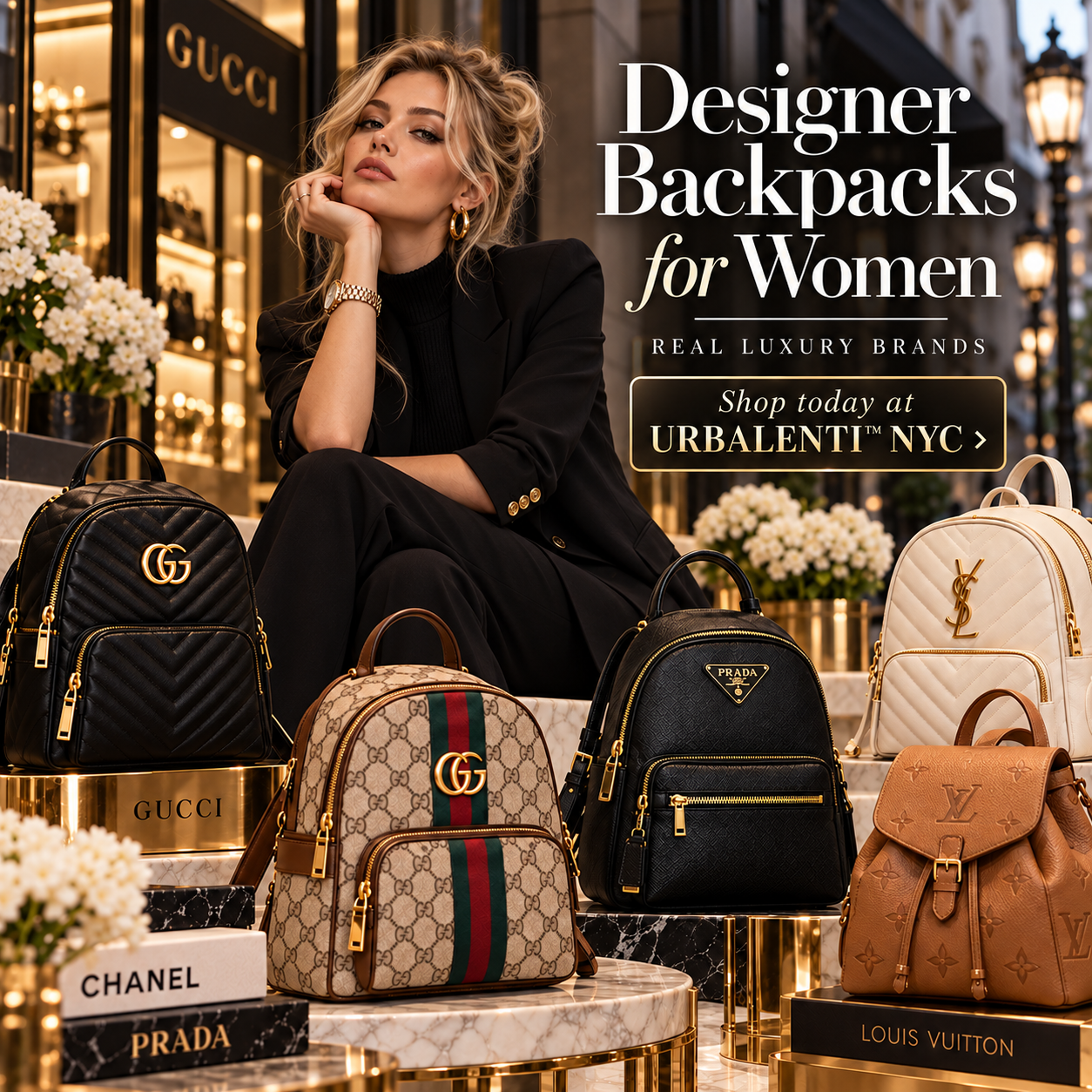 Designer Backpacks for Women featuring luxury Gucci, Prada, Louis Vuitton, and Saint Laurent styles in black, brown, beige, and cream. Shop Designer Backpacks for Women at Urbalenti NYC.