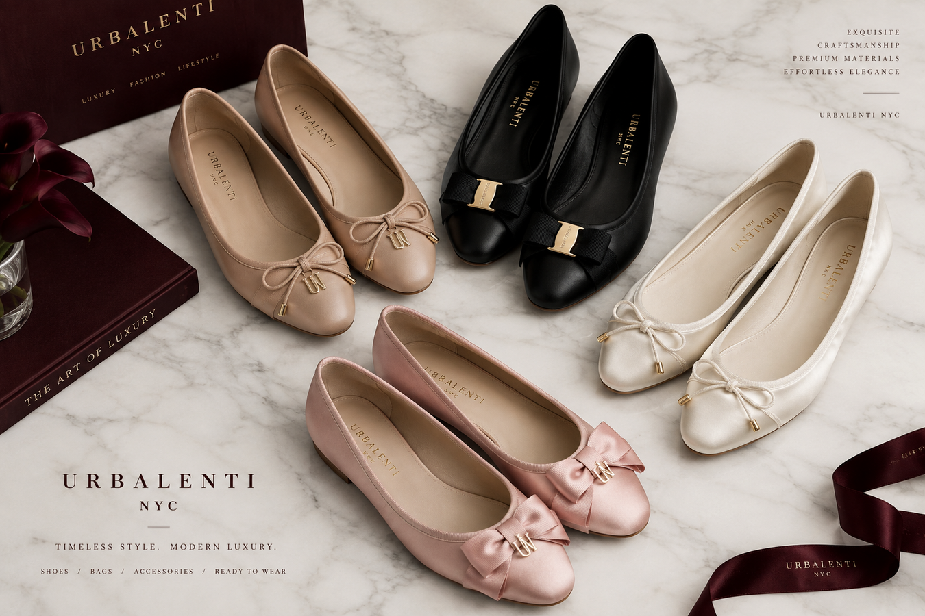 Designer Ballet Flats for Women in black, beige, white, blush pink, and taupe arranged on a marble surface; Shop Designer Ballet Flats for Women at Urbalenti NYC.