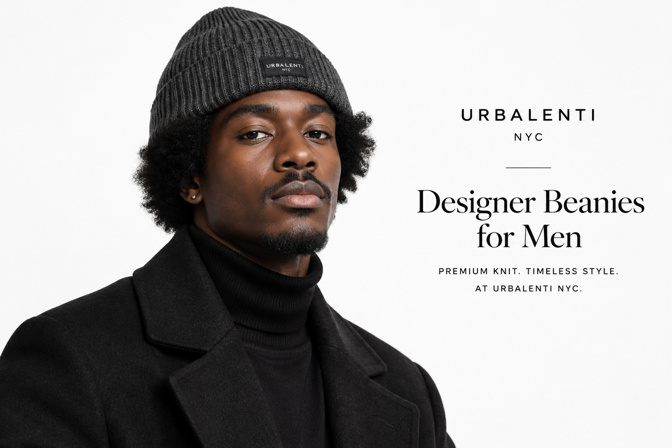 Designer Beanies for Men featuring a model in a black knit beanie and tailored coat—Shop Designer Beanies for Men at Urbalenti NYC.