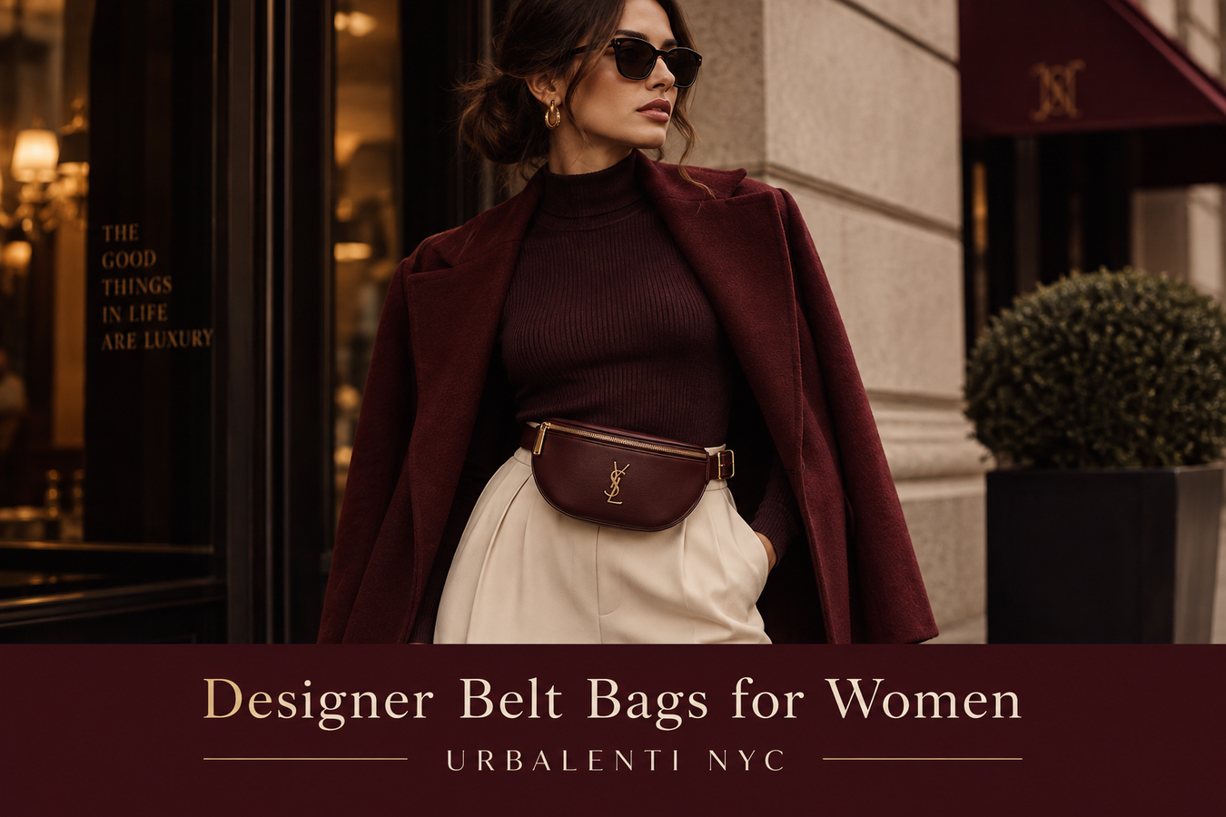 Designer Belt Bags for Women styled with a burgundy leather waist bag on a fashionable woman in an elegant city setting—Shop Designer Belt Bags for Women at Urbalenti NYC.
