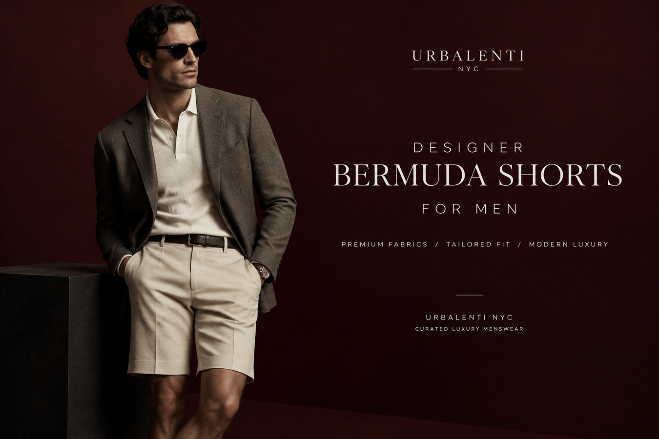 Stylish man wearing tailored beige Bermuda shorts with a blazer in a luxury fashion setting, showcasing Designer Bermuda Shorts for Men. Shop Designer Bermuda Shorts for Men at Urbalenti NYC.
