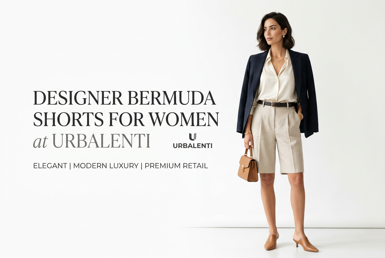 Designer Bermuda Shorts for Women styled with a navy blazer, cream blouse, belt, handbag, and loafers in a polished luxury fashion look—Shop Designer Bermuda Shorts for Women at Urbalenti.