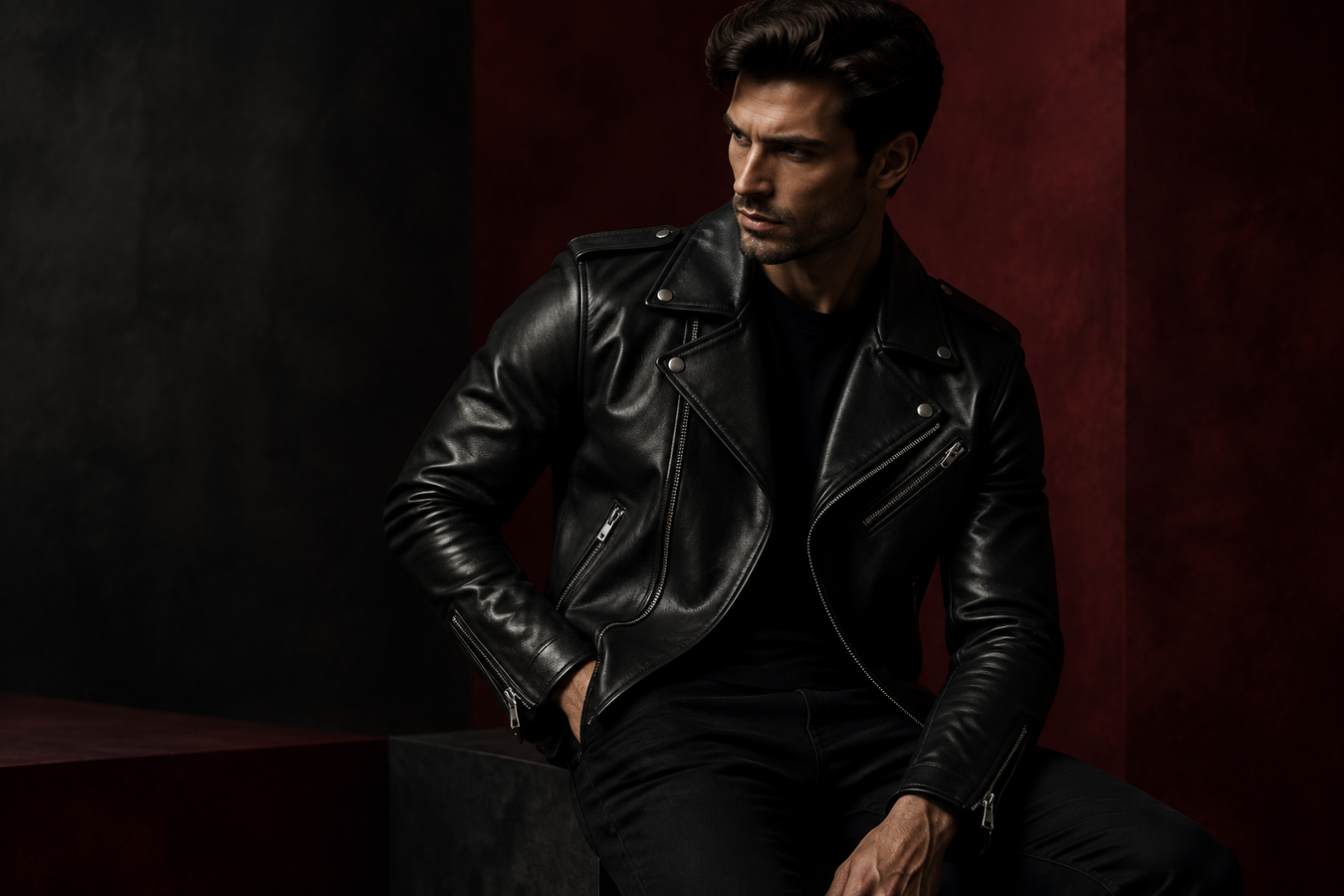 Stylish man wearing a black leather biker jacket from Designer Biker Jackets for Men - Shop Now at Urbalenti NYC.