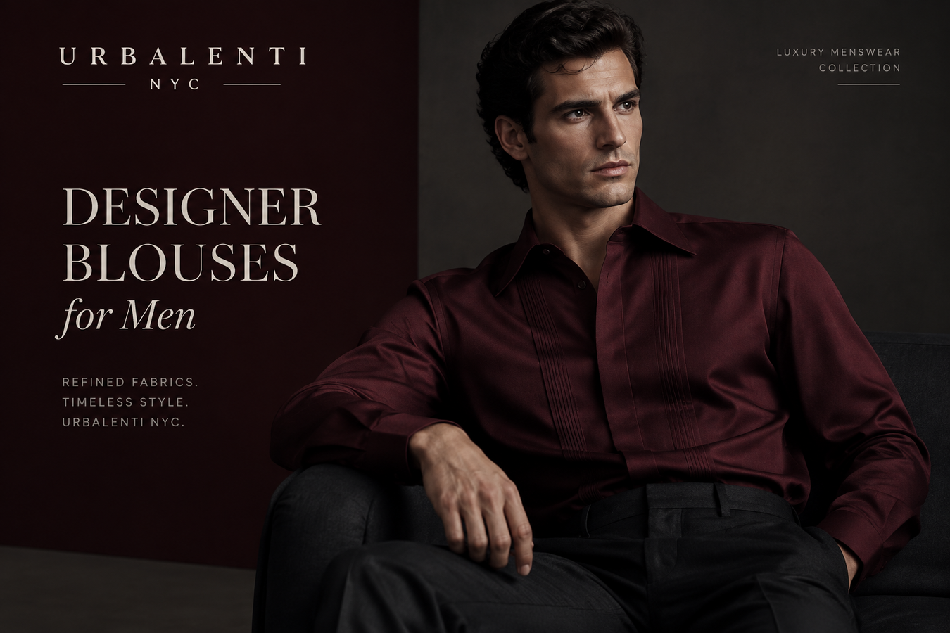 Male model wearing a burgundy luxury silk blouse in a refined studio setting, showcasing Designer Blouses for Men. Shop Designer Blouses for Men at Urbalenti NYC.