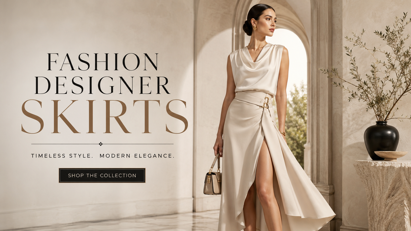 Explore our Women's Designer Skirts collection featuring a model showcasing modern elegance in a chic beige skirt with a stylish slit. Discover timeless style and sophistication in Designer Skirts that elevate your fashion statement.
