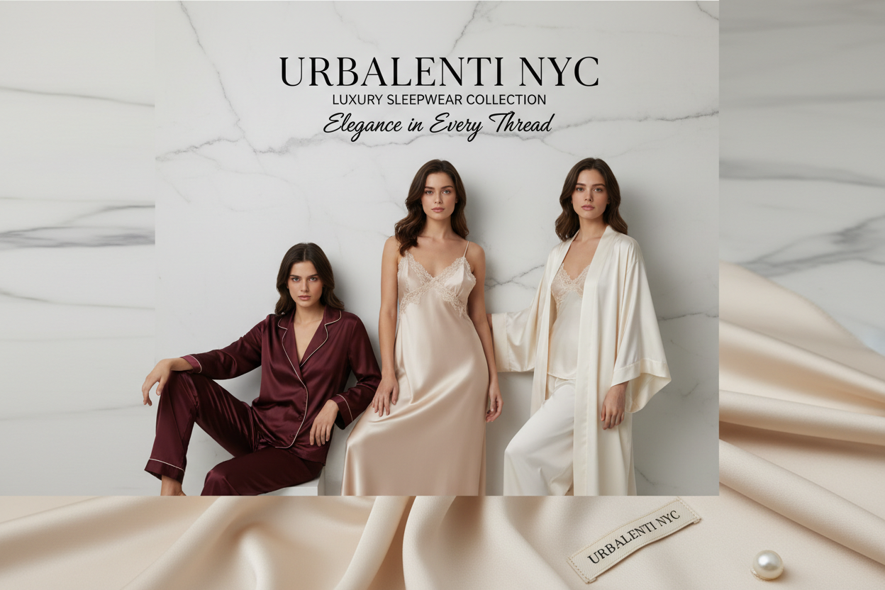 Women's Designer Sleepwear showcases three women in luxurious satin pajamas, a silk slip dress, and elegant robes from Urbalenti NYC. Women's Designer Sleepwear | Luxe Styles at Urbalenti NYC