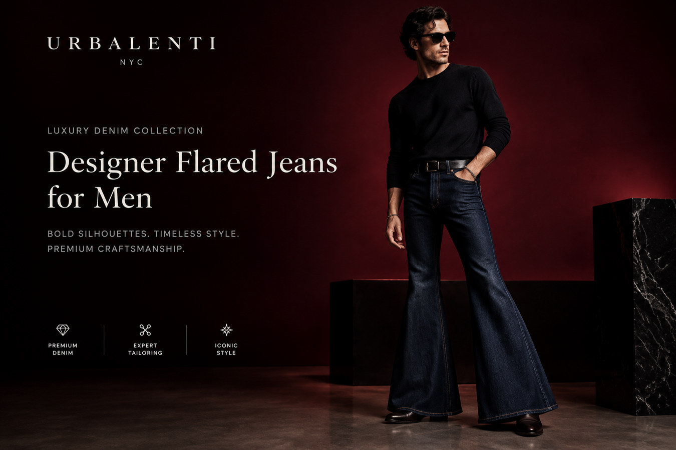 Designer Flared Jeans for Men featured in a luxury denim campaign, showcasing a stylish male model in dark blue flared jeans; Shop Designer Flared Jeans for Men at Urbalenti NYC.