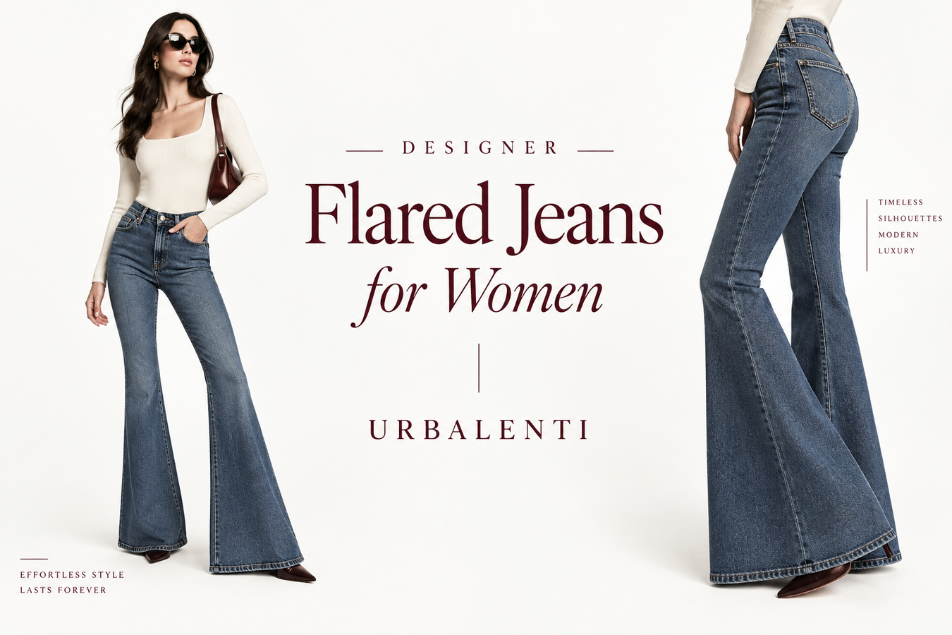 Designer Flared Jeans for Women by Urbalenti, featuring a model showcasing blue denim flared jeans from front and back views — Designer Flared Jeans for Women | Shop at Urbalenti NYC