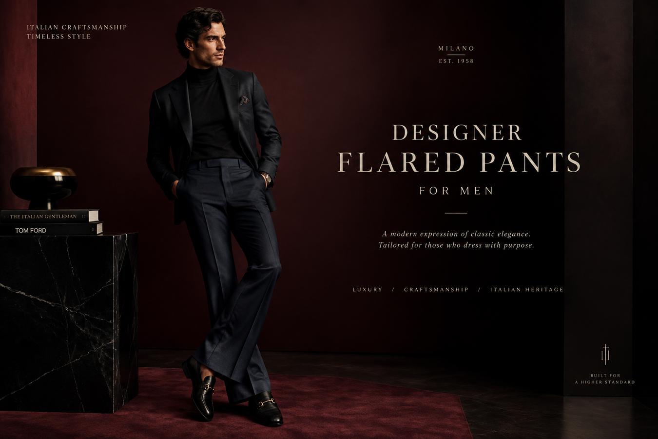 A stylish man wearing black designer flared trousers in a luxury interior, showcasing Designer Flared Pants for Men. Shop Designer Flared Pants for Men at Urbalenti NYC.
