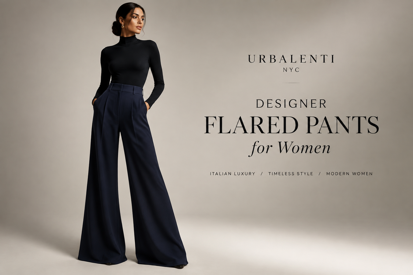 Model wearing elegant black high-waisted wide-leg trousers in a studio setting, showcasing Designer Flared Pants for Women. Shop Designer Flared Pants for Women at Urbalenti NYC.