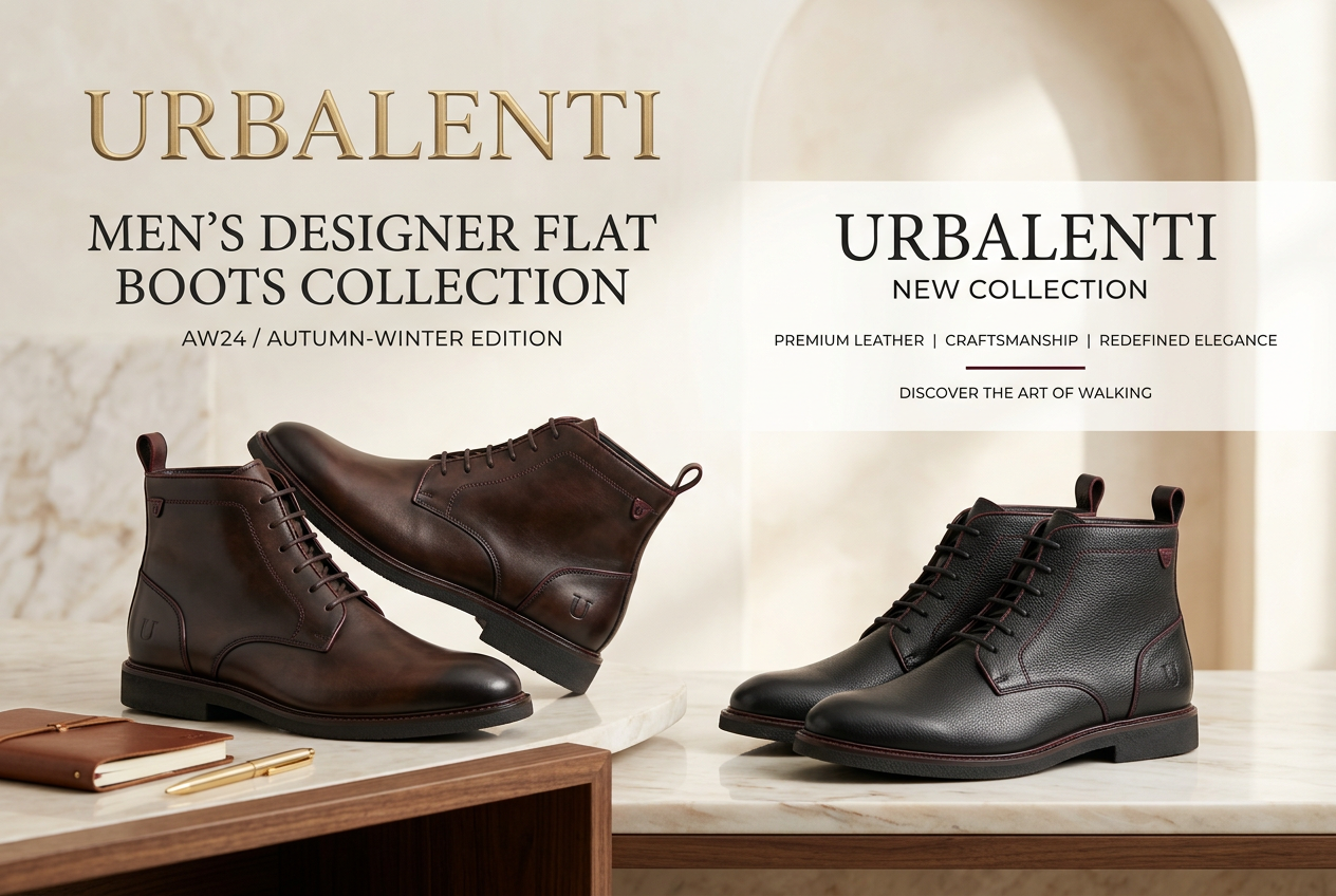 Designer Flat Boots for Men collection featuring premium brown and black leather-style ankle boots displayed in an elegant studio setting. Shop Designer Flat Boots for Men shipped from Europe at Urbalenti.