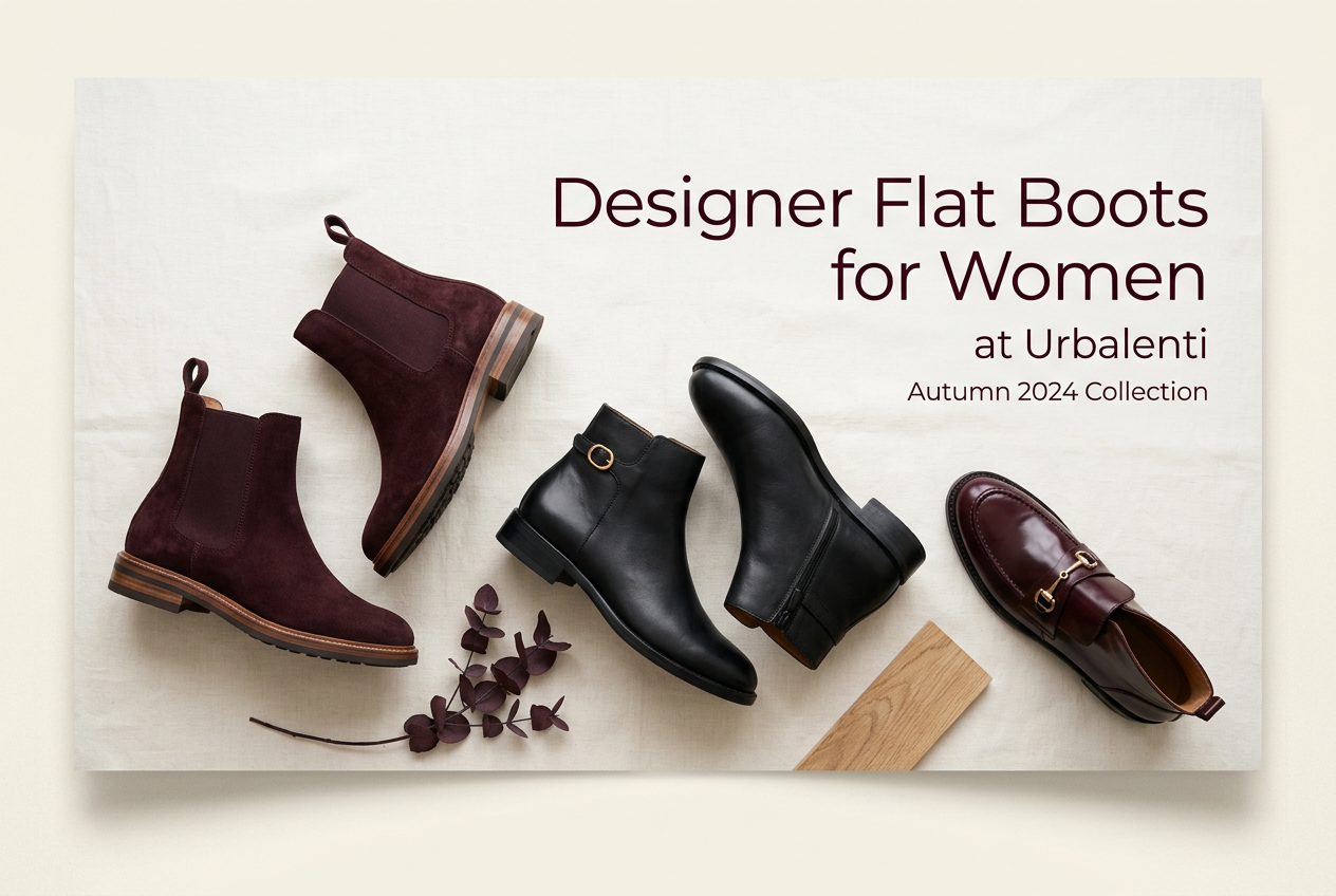 Designer Flat  Boots for Women collection featuring burgundy Chelsea boots, black ankle boots, and brown loafers arranged in a stylish autumn display; Shop Online shipped from Europe Designer Flat  Boots for Women at Urbalenti.