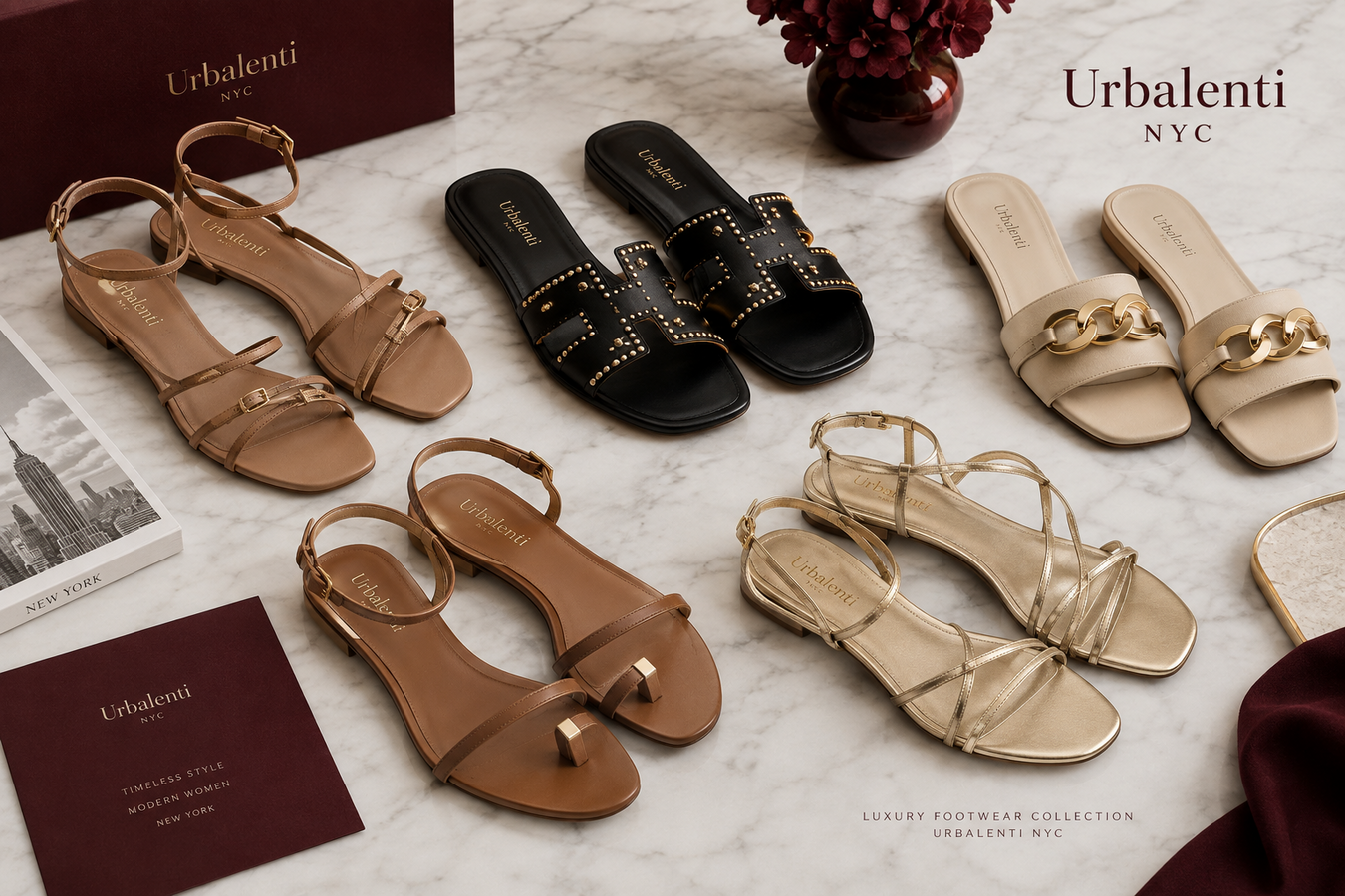 Designer Flat Sandals for Women in black, beige, tan, and metallic finishes arranged on a marble surface; Shop Designer Flat Sandals for Women at Urbalenti NYC.