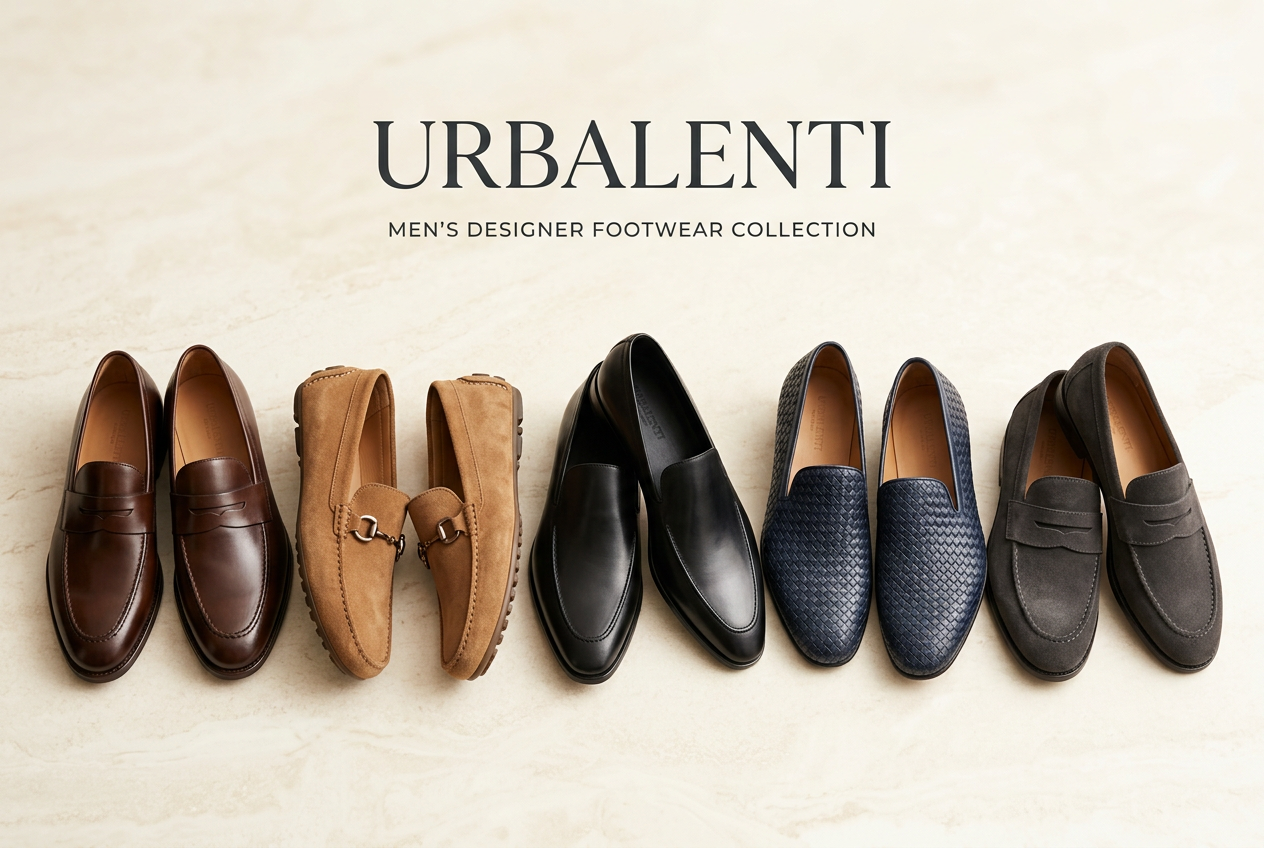 Designer Flats for men collection featuring brown, black, blue, and gray luxury loafers and mules arranged on a neutral background. Shop Designer Flats for men | Urbalenti