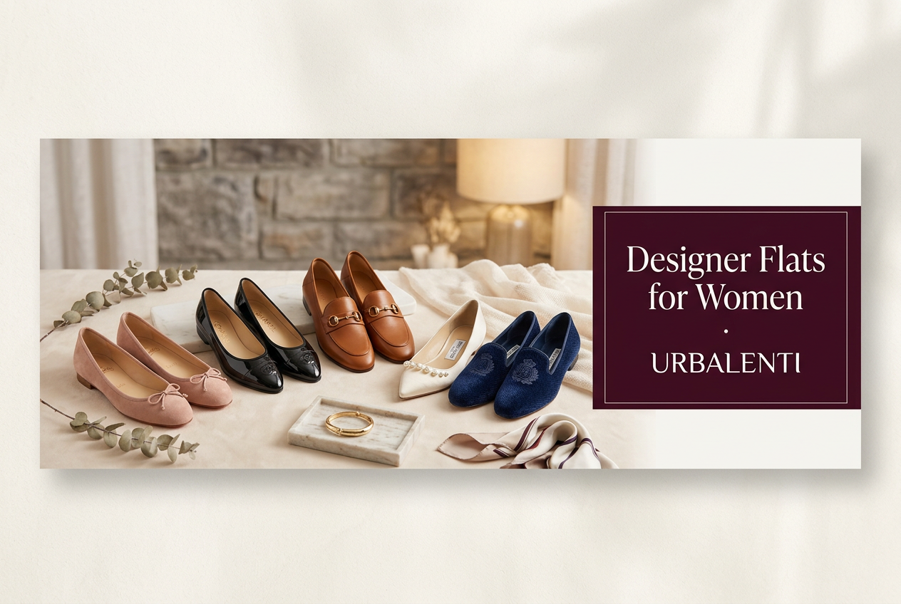 Designer Flats for Women collection featuring beige, black, brown, white, and navy designer ballet flats and loafers displayed with accessories; Shop Designer Flats for Women | urbalenti