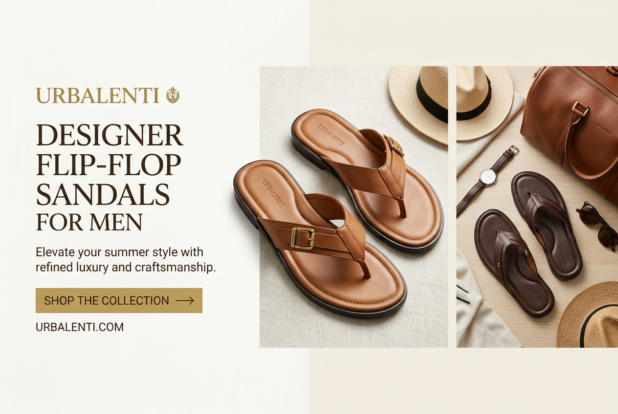 Designer Flip-Flop Sandals for Men promotional banner featuring stylish brown leather thong sandals with gold buckles, watches, hats, and a leather bag; Shop Online Designer Flip-Flop Sandals for Men at Urbalenti.