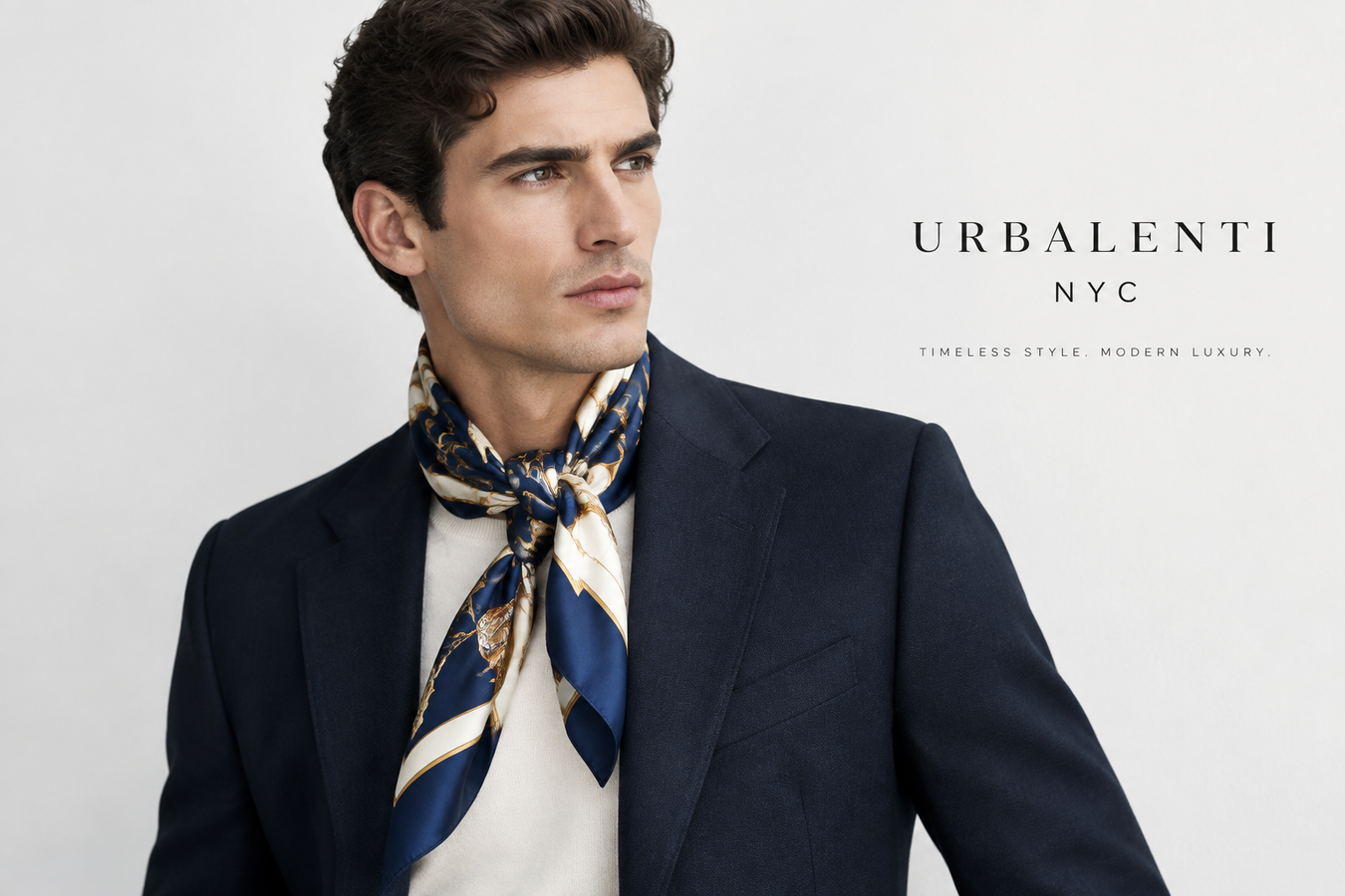 Designer Foulards for Men featuring a stylish man wearing a patterned silk foulard with a navy blazer; Shop Online Designer Foulards for Men at Urbalenti NYC.