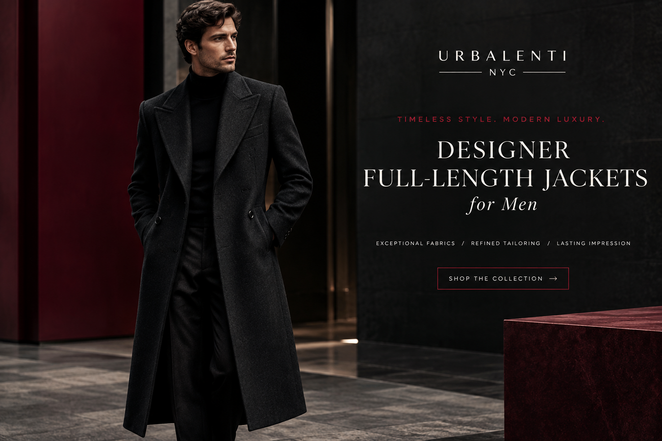 A stylish man wearing a sophisticated black full-length coat in a modern luxury setting, showcasing Designer Full-Length Jackets for Men. Shop Designer Full-Length Jackets for Men at Urbalenti NYC.