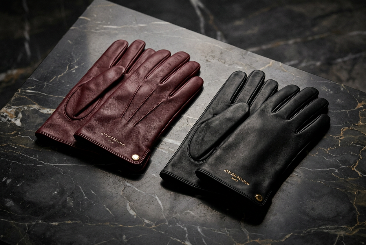 Designer Gloves collection featuring burgundy and black leather gloves displayed on a luxury marble surface. Shop Designer Gloves for Men and Women at Urbalenti.