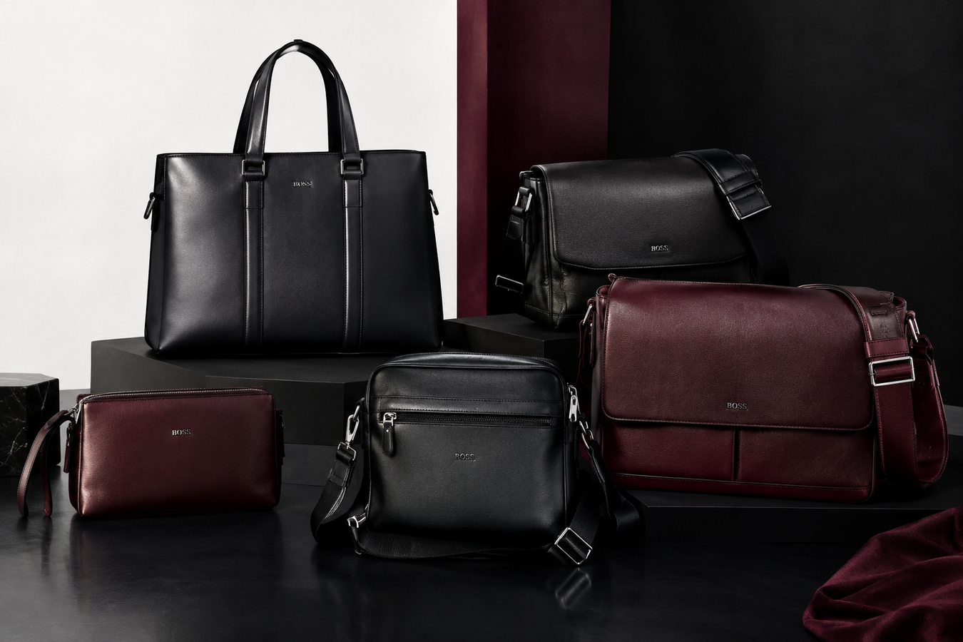 Designer Handbags fro Men collection featuring black and burgundy leather handbags, totes, crossbody bags, and clutches. Shop Luxury Designer Handbags for Men shipped from Italy at Urbalenti NYC.