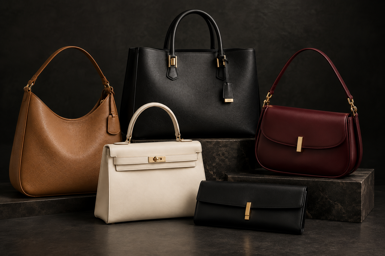 Designer Handbags for Women featuring a curated collection of black, brown, burgundy, and beige leather handbags displayed in an elegant studio setting – Shop Now Urbalenti NYC