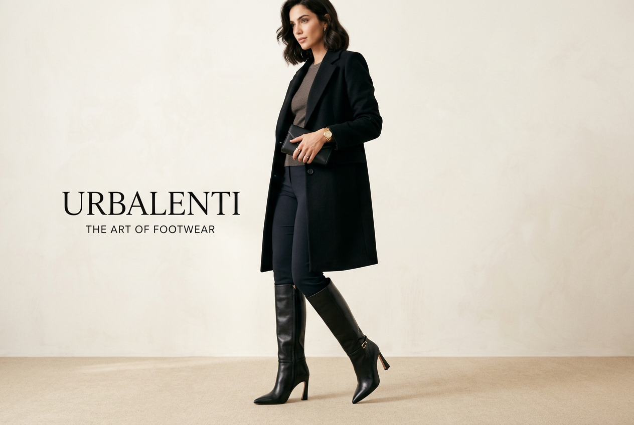 Model wearing elegant black knee-high heeled boots with a tailored coat, showcasing Designer High Heel Boots for Women. Shop Designer High Heel Boots for Women shipped from Italy at urbalenti.