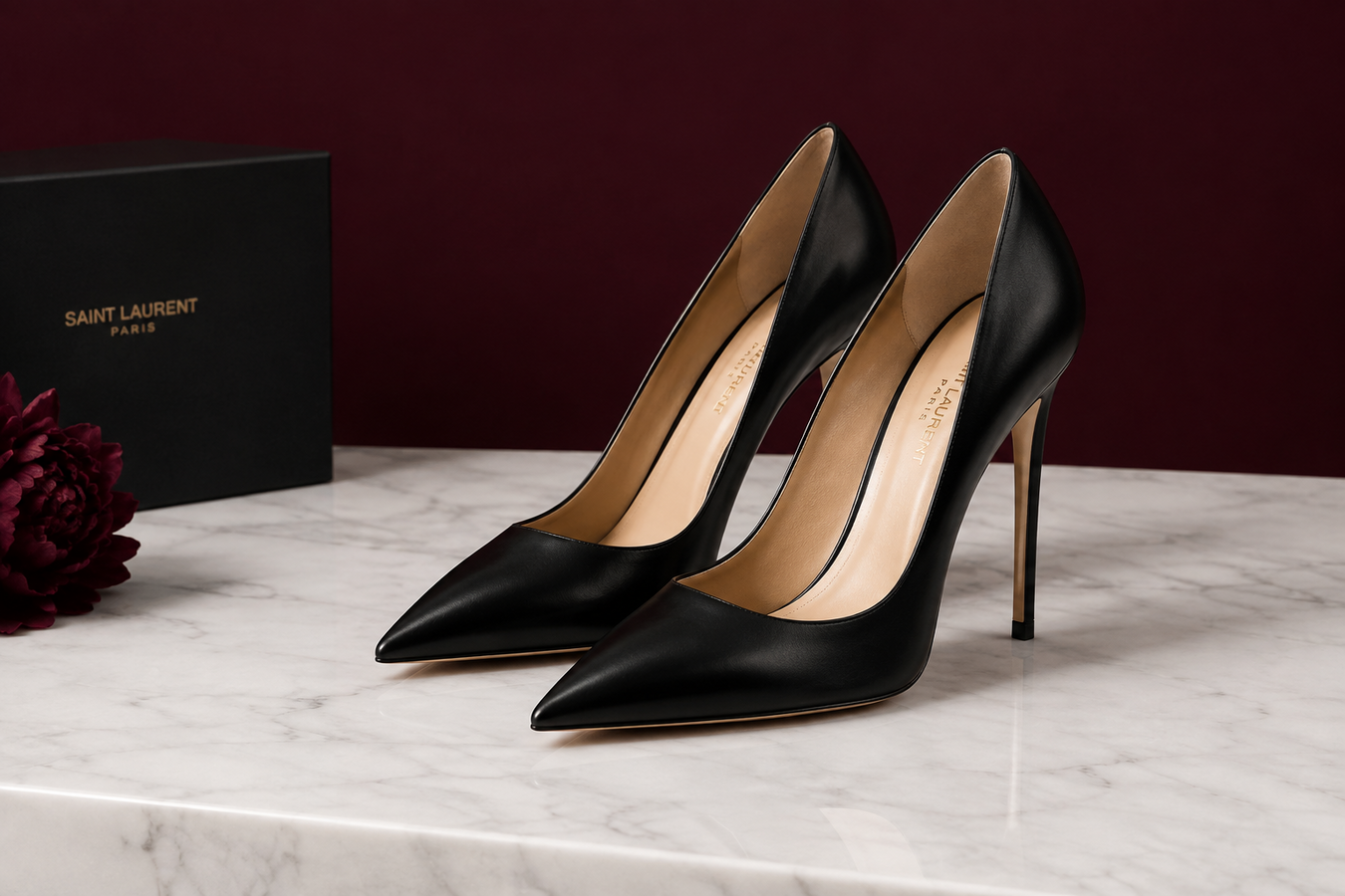 Black pointed-toe stiletto pumps displayed on a marble surface, showcasing Designer High Heel Pumps for Women; shop Designer High Heel Pumps for Women at urbalenti NYC.