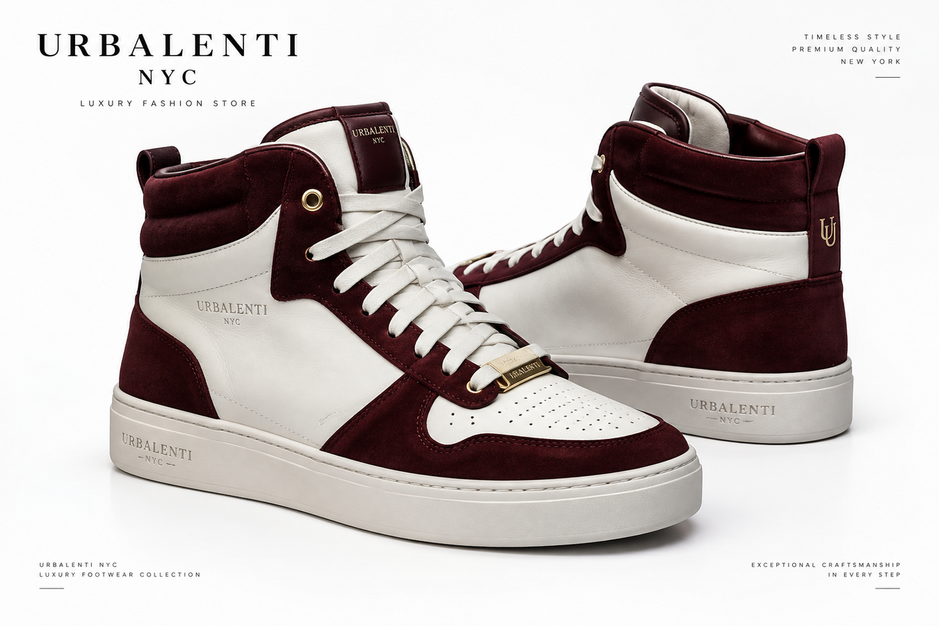 Burgundy and white leather high top sneakers with perforated panels and cushioned soles, showcasing Designer High Tops Sneakers for Men | Shop at Urbalenti NYC.