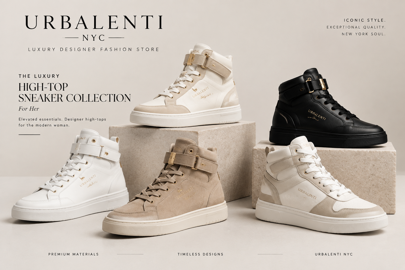 Designer High Tops Sneakers for Women featuring beige leather, black fabric, and white high-top styles in a luxury sneaker collection. Shop Designer High Tops Sneakers for Women at Urbalenti NYC.
