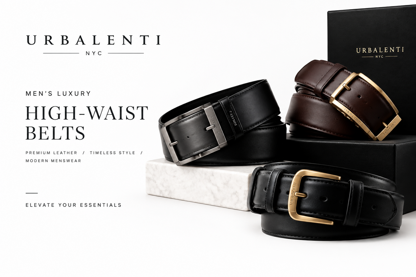 Designer High-Waist Belts for Men by Urbalenti NYC, featuring black and brown leather belts with gold and silver buckles displayed on luxury boxes; Shop Designer High-Waist Belts for Men at Urbalenti NYC.