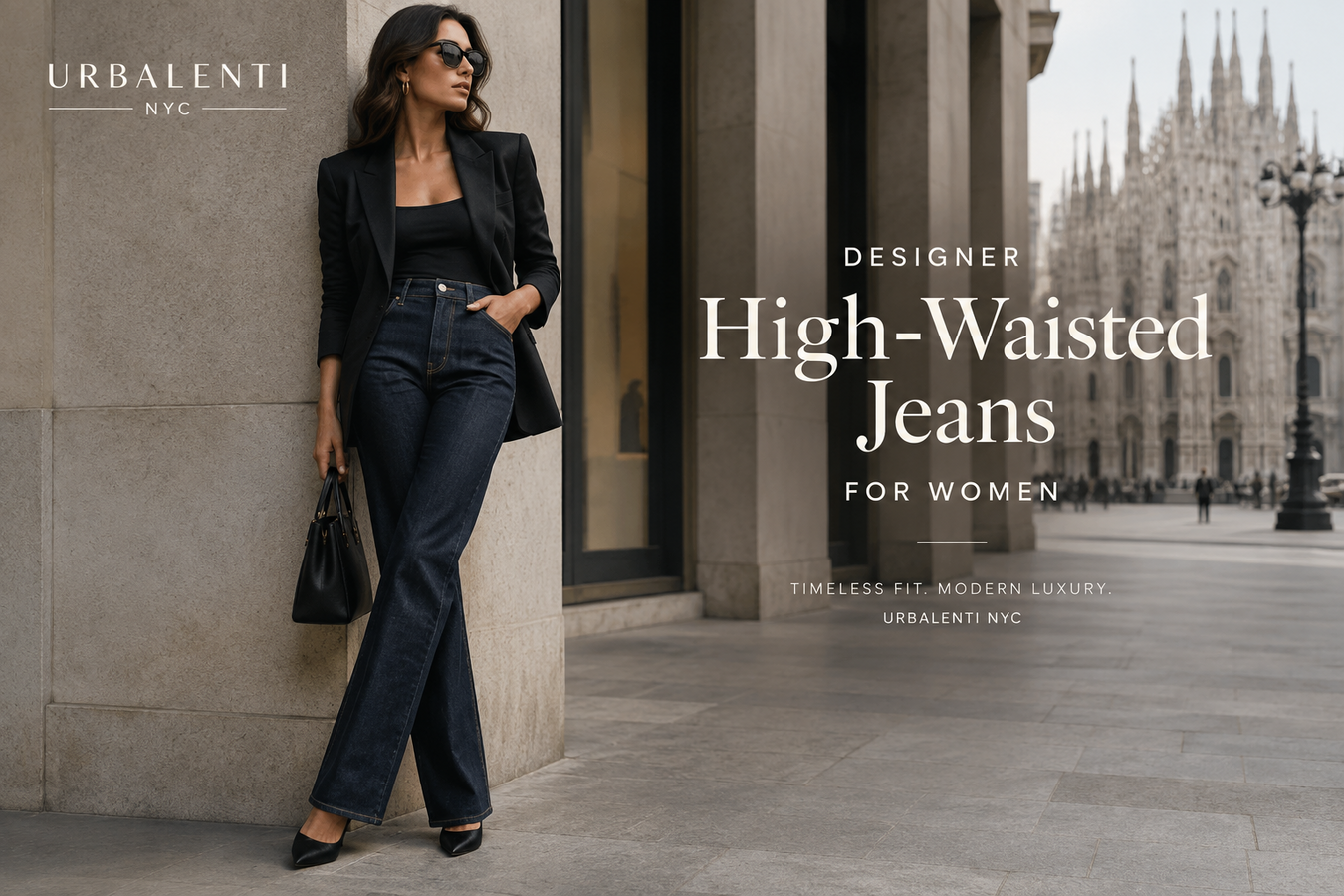 Model wearing dark blue high-waisted jeans with a black blazer on a stylish Milan street, showcasing Designer High-Waisted Jeans for Women | Shop today at Urbalenti NYC