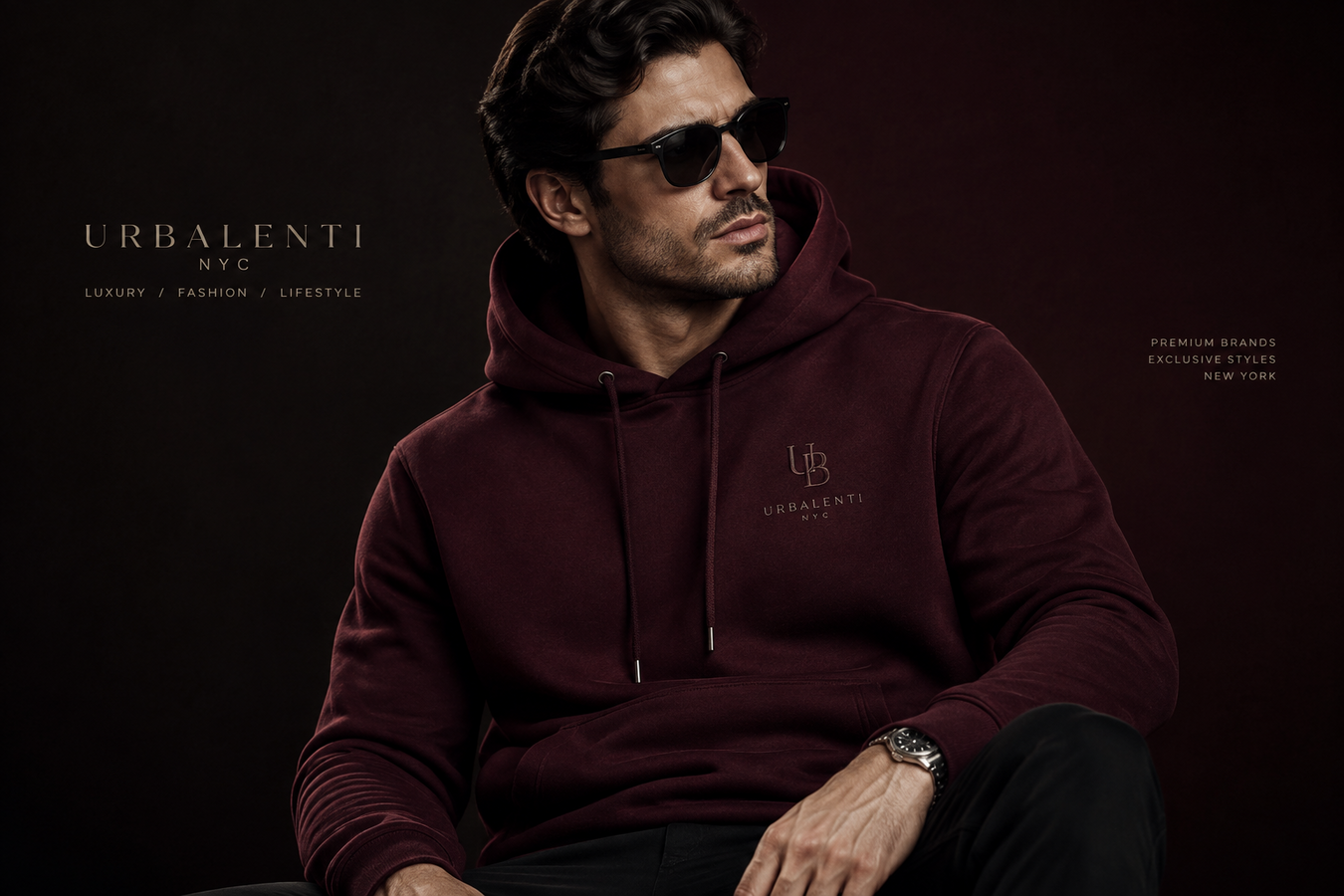 Stylish man wearing a burgundy designer cotton hoodie and sunglasses in a luxury fashion campaign for Designer Hoodies for Men. Shop Designer Hoodies for Men at Urbalenti NYC.