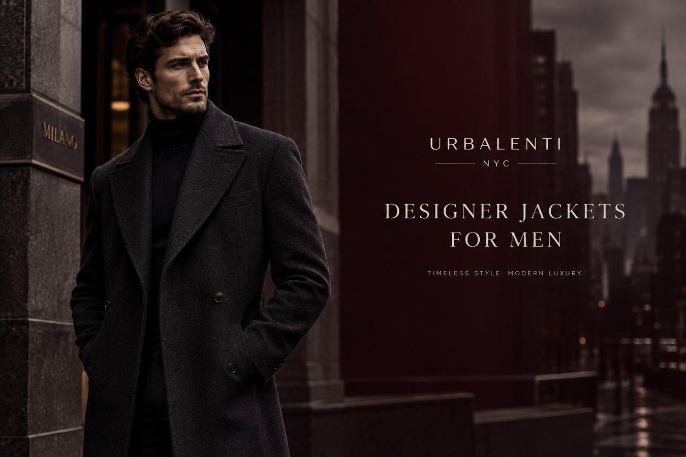Man wearing a sophisticated black wool overcoat in New York City, promoting Designer Jackets for Men—Shop Designer Jackets for Men at Urbalenti NYC for timeless modern luxury.