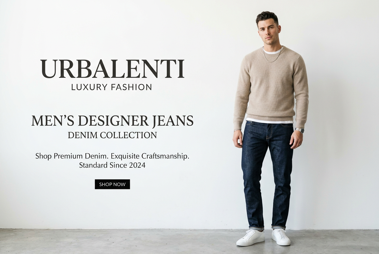 Model wearing premium dark denim jeans in a minimalist studio for Men's Designer Jeans Denim, highlighting the Men's Designer Jeans Denim collection. Shop Men's Designer Jeans Denim at Urbalenti.