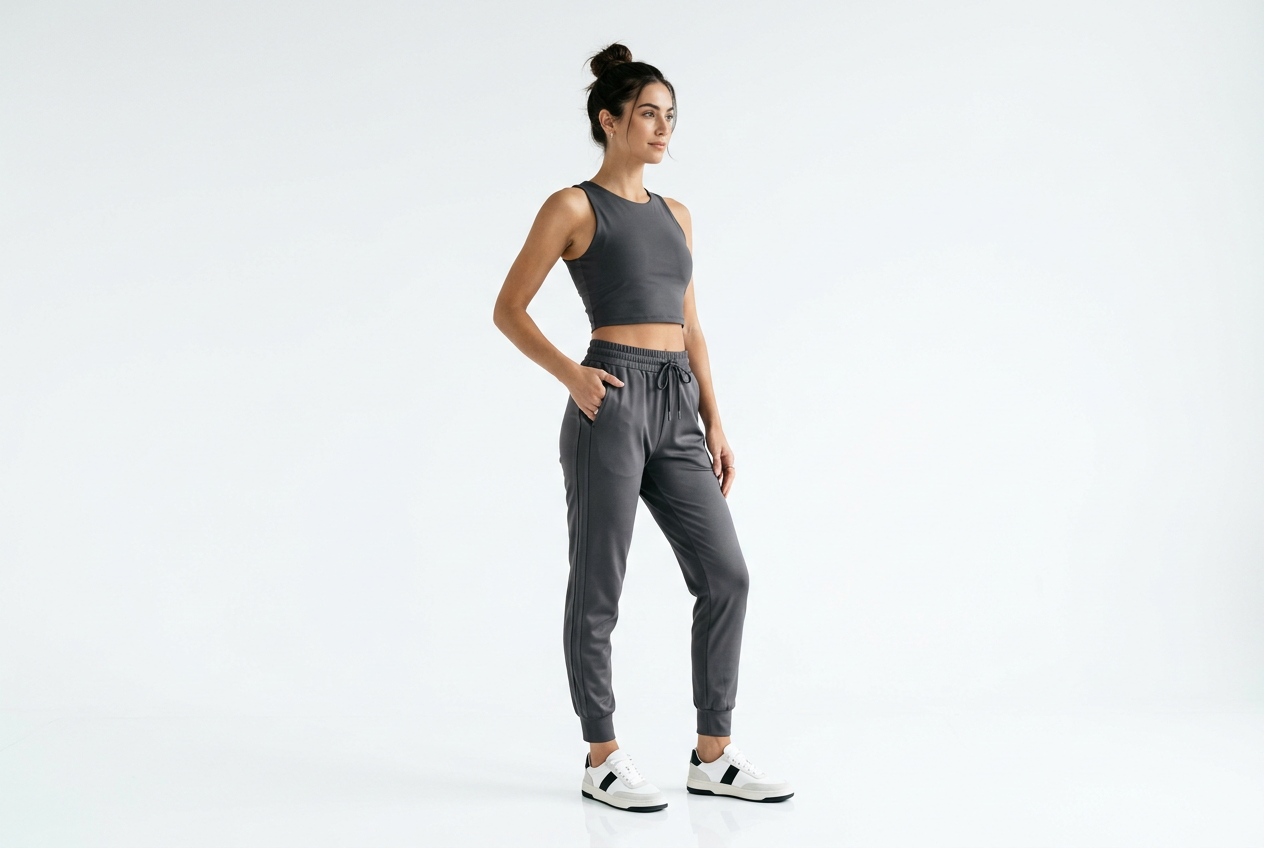 Woman modeling gray Designer Jogger Workout Pants for Women with a cropped athletic top and sneakers—Designer Jogger Workout Pants – Shop Now at urbalenti.