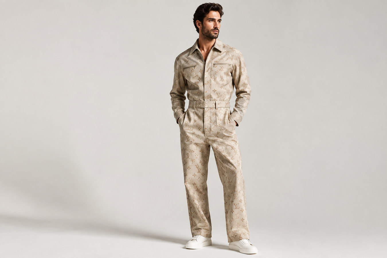 Men's Designer Jumpsuits featuring a stylish beige patterned utility jumpsuit modeled with white sneakers—Men's Designer Jumpsuits | Shop Now at Urbalenti NYC