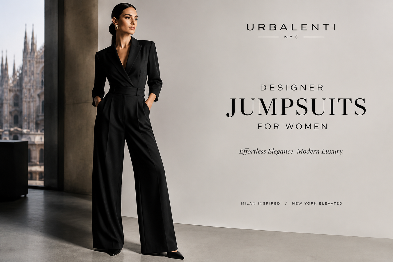 Designer Jumpsuits for Women featuring a woman in an elegant black tailored wide-leg jumpsuit in a luxury NYC interior—Shop Designer Jumpsuits for Women at Urbalenti NYC.
