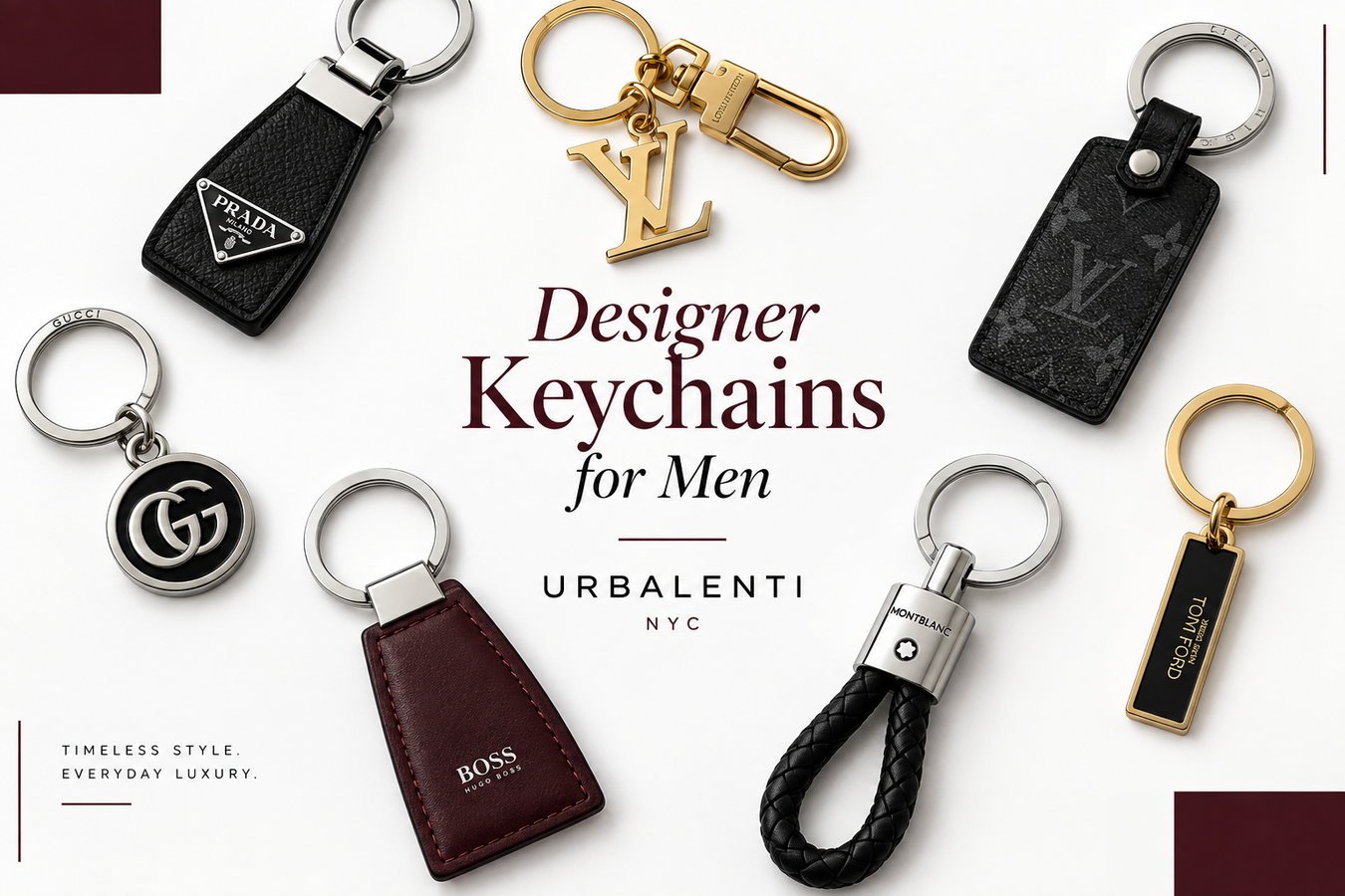 Designer Keychains for Men featuring luxury Prada, Valentino Garavani, Gucci, Louis Vuitton, and Hugo Boss keychains in leather, fabric, metal, and braided designs. Shop Designer Keychains for Men at Urbalenti NYC.