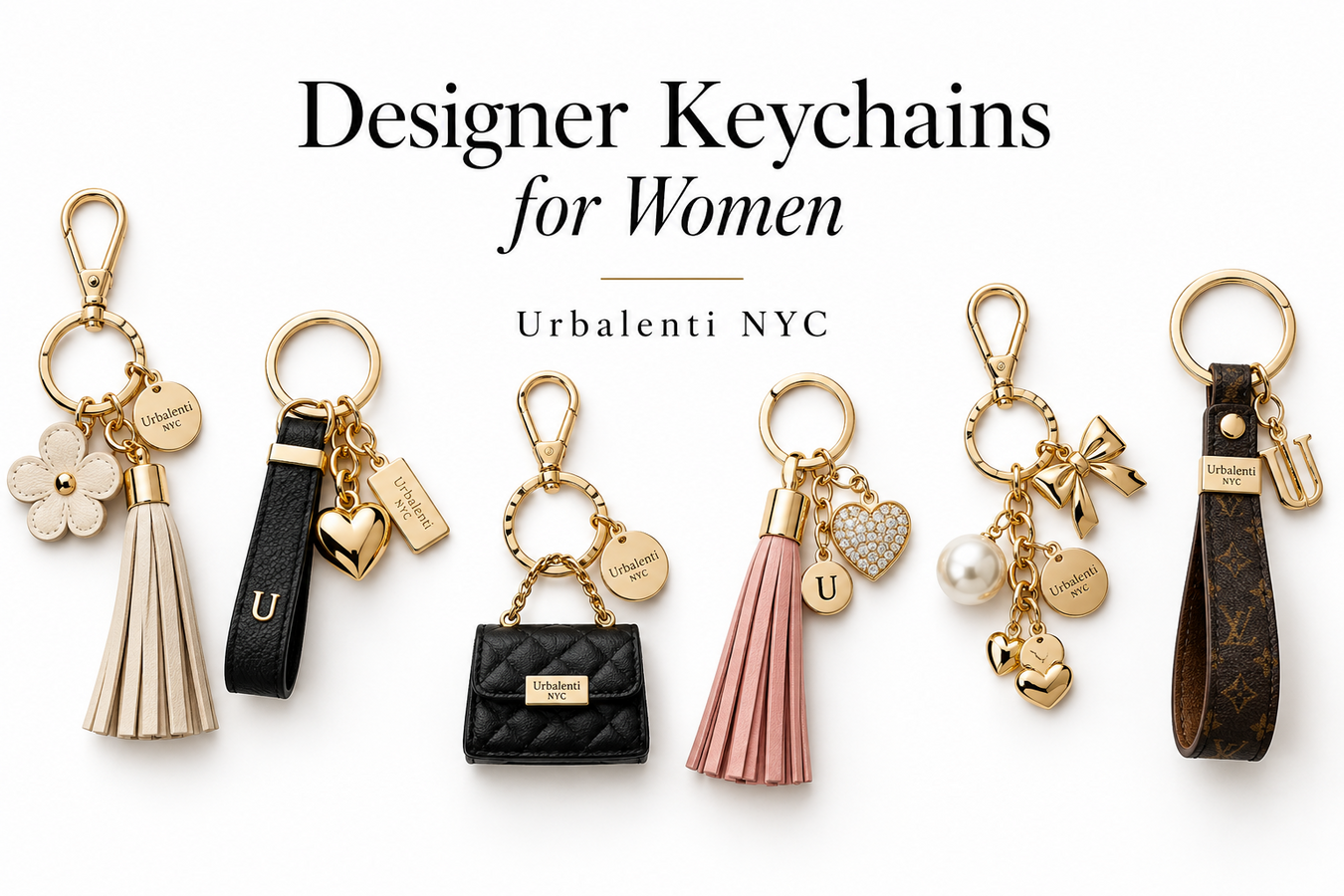 Designer Keychains for Women collection featuring luxury gold-tone charms, tassels, pearls, leather straps, and mini handbags; Shop Designer Keychains for Women at Urbalenti NYC.