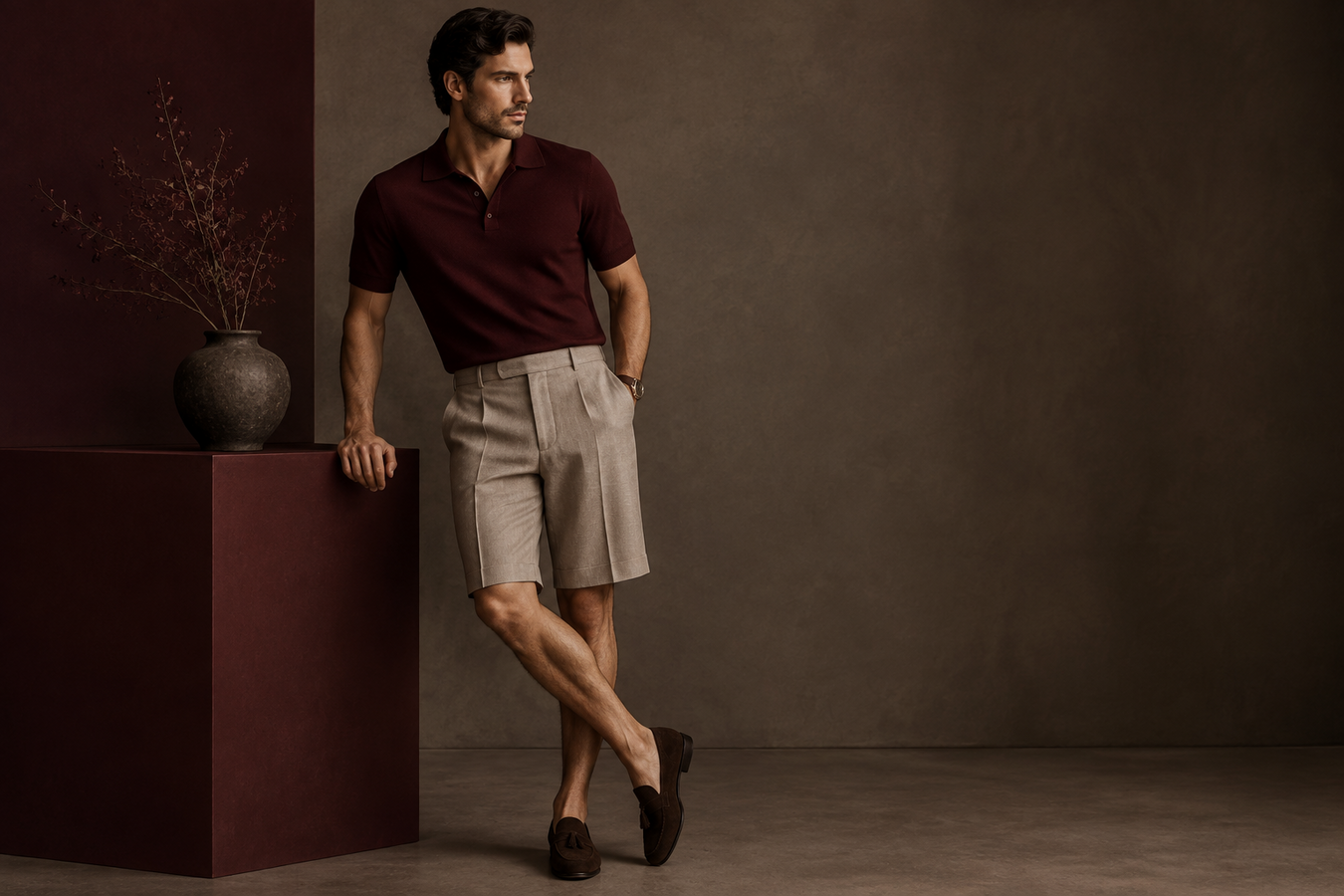Designer Knee Length for Men featuring a male model in a burgundy polo and tailored beige knee-length shorts with loafers; Shop Designer Knee Length Shorts for Men at Urbalenti NYC.
