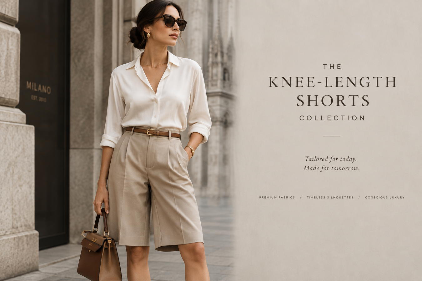 Woman wearing elegant beige knee-length tailored shorts with a white blouse and belt on a city street, showcasing Designer Knee Length Shorts for Women | Urbalenti NYC.