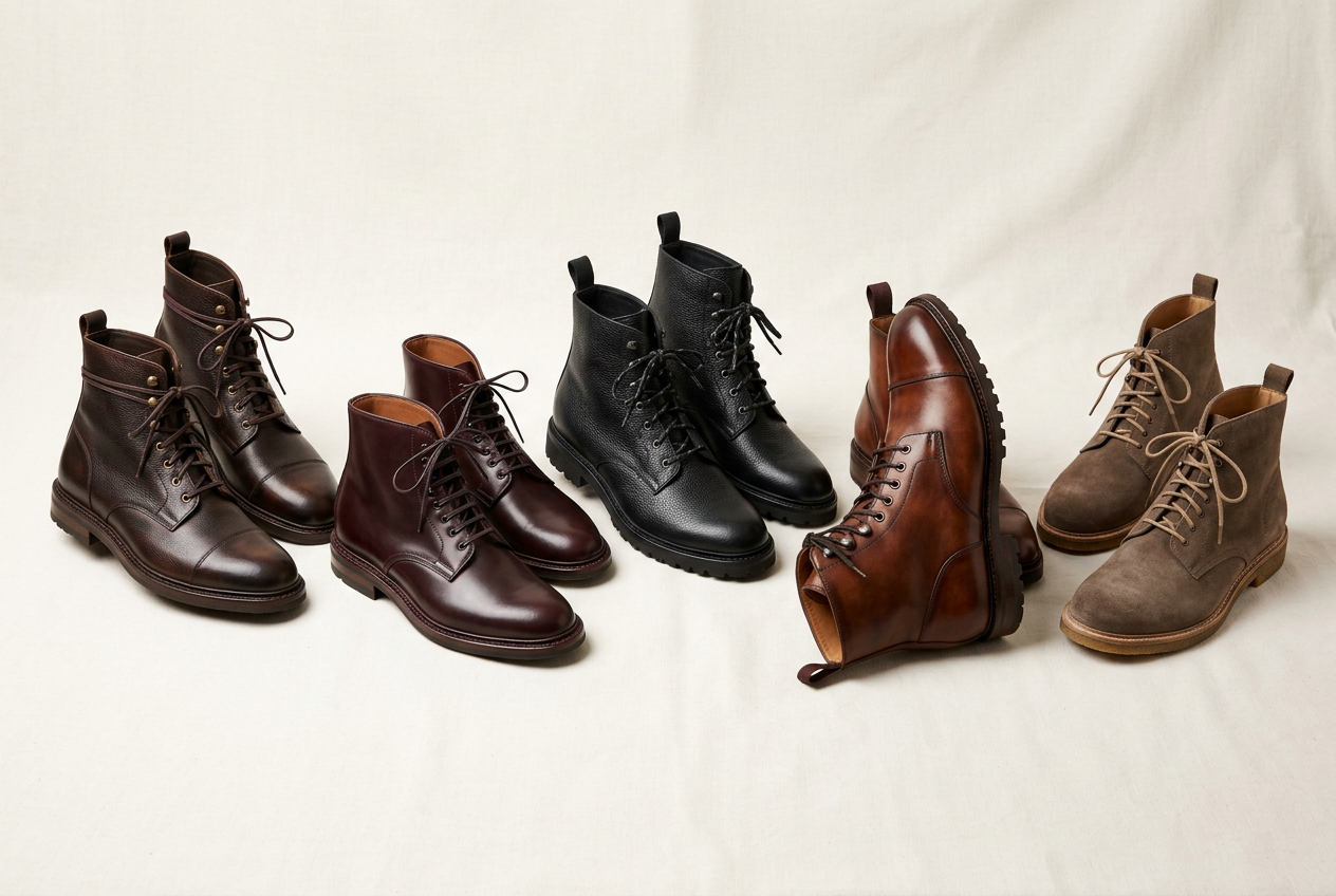 Collection of brown and black leather lace-up boots for men, featuring premium designer styles. Shop online and get it Shipped from Italy - Designer Lace Up Boots for Men at Urbalenti.