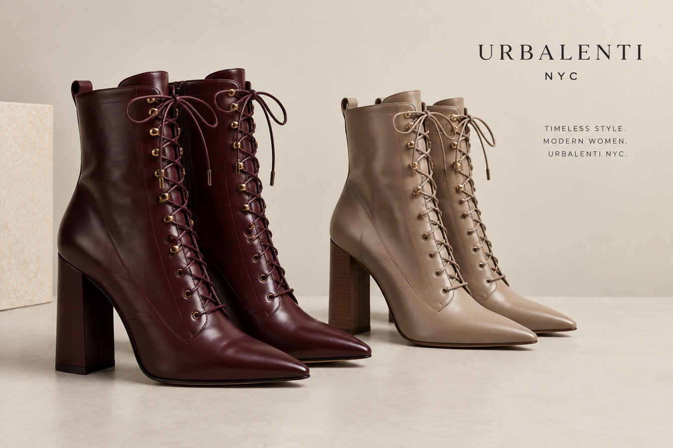 Designer Lace-Up Boots for Women featuring burgundy and beige pointed-toe heeled boots with elegant lace-up detailing—Designer Lace-Up Boots for Women | Shop today at Urbalenti NYC