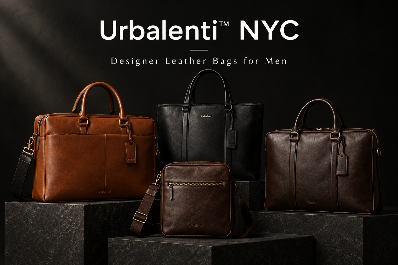 Designer Leather Bags for Men collection featuring brown and black leather briefcases, a crossbody bag, and structured tote bags on display. Shop Designer Leather Bags for Men shipped from Italy at Urbalenti NYC.