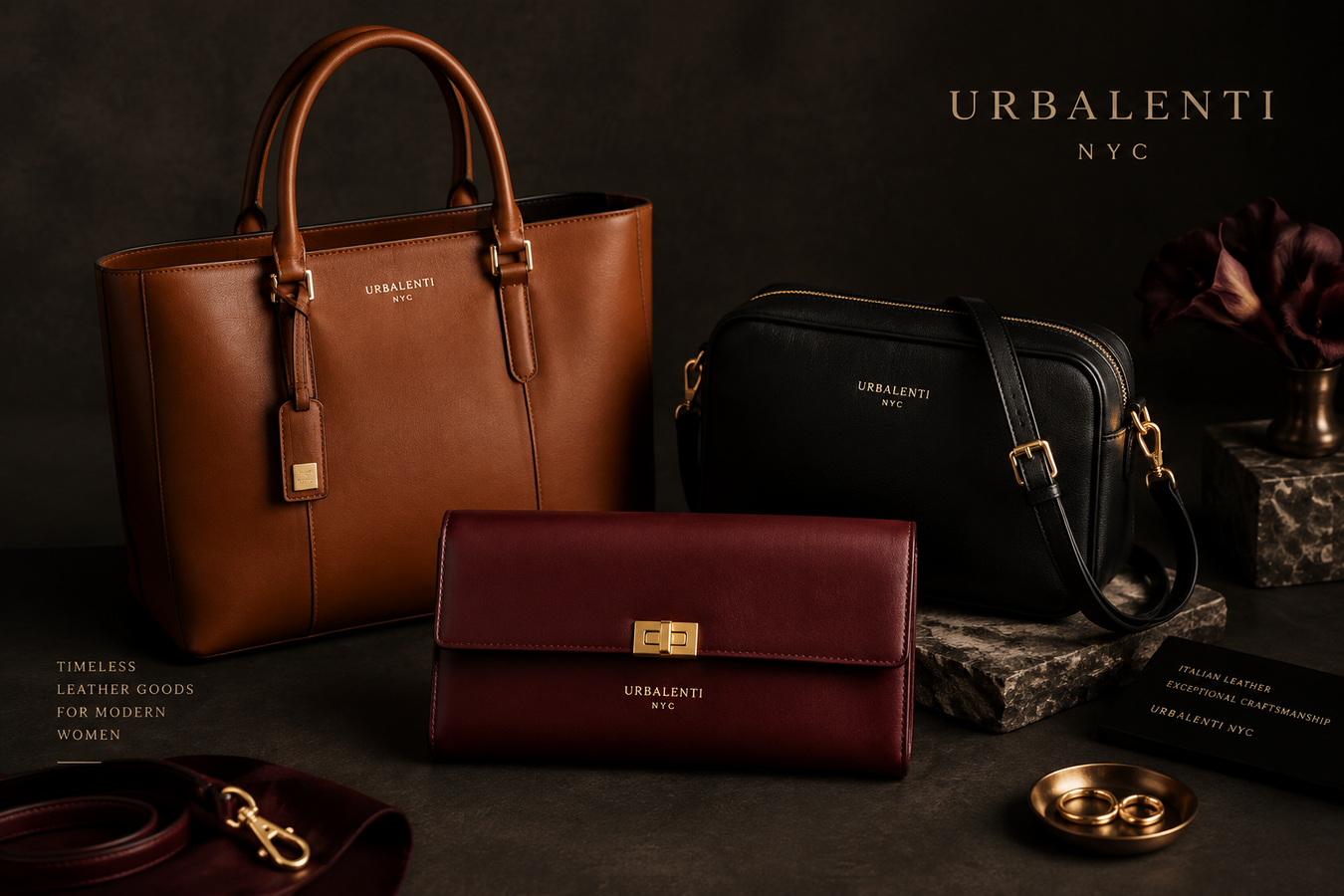 Designer Leather Bags for Women featuring a brown leather tote, black crossbody bag, and burgundy wallet in a luxurious setting — Designer Leather Bags for Women | Shop Now at Urbalenti NYC