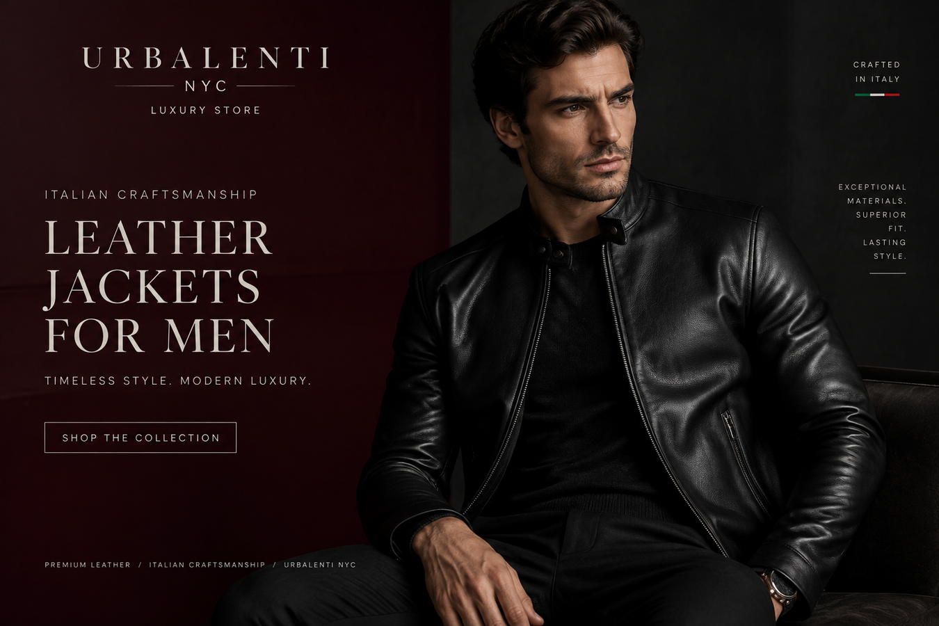 Stylish man wearing a black leather jacket in a luxury studio setting, showcasing Designer Leather Jackets for Men – Shop online today at Urbalenti NYC.