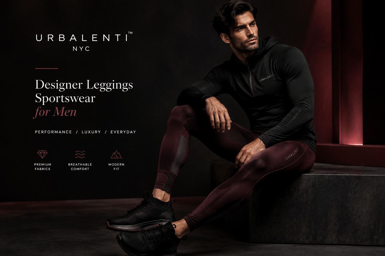 Designer Sportswear Leggings for Men featuring a male model in sleek black and burgundy performance leggings with a black athletic jacket and sneakers; shop Designer Sportswear Leggings for Men at Urbalenti NYC.