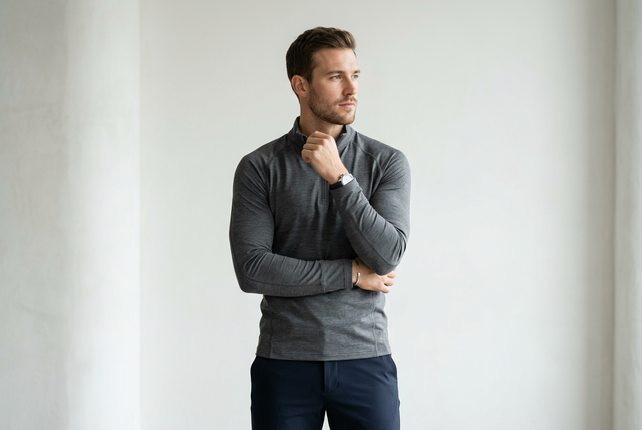 Man wearing a charcoal gray fitted long-sleeve athletic top in a modern indoor setting, showcasing the Designer Long-Sleeve Sportswear Shirt for Men. Shop Designer Long-Sleeve Sportswear Shirt for Men.