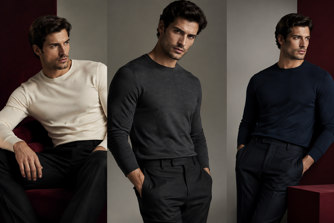 Three men modeling refined black, navy, and cream designer long-sleeve shirts in a luxury fashion setting—Designer Long-Sleeve T-Shirts for Men at Urbalenti NYC.