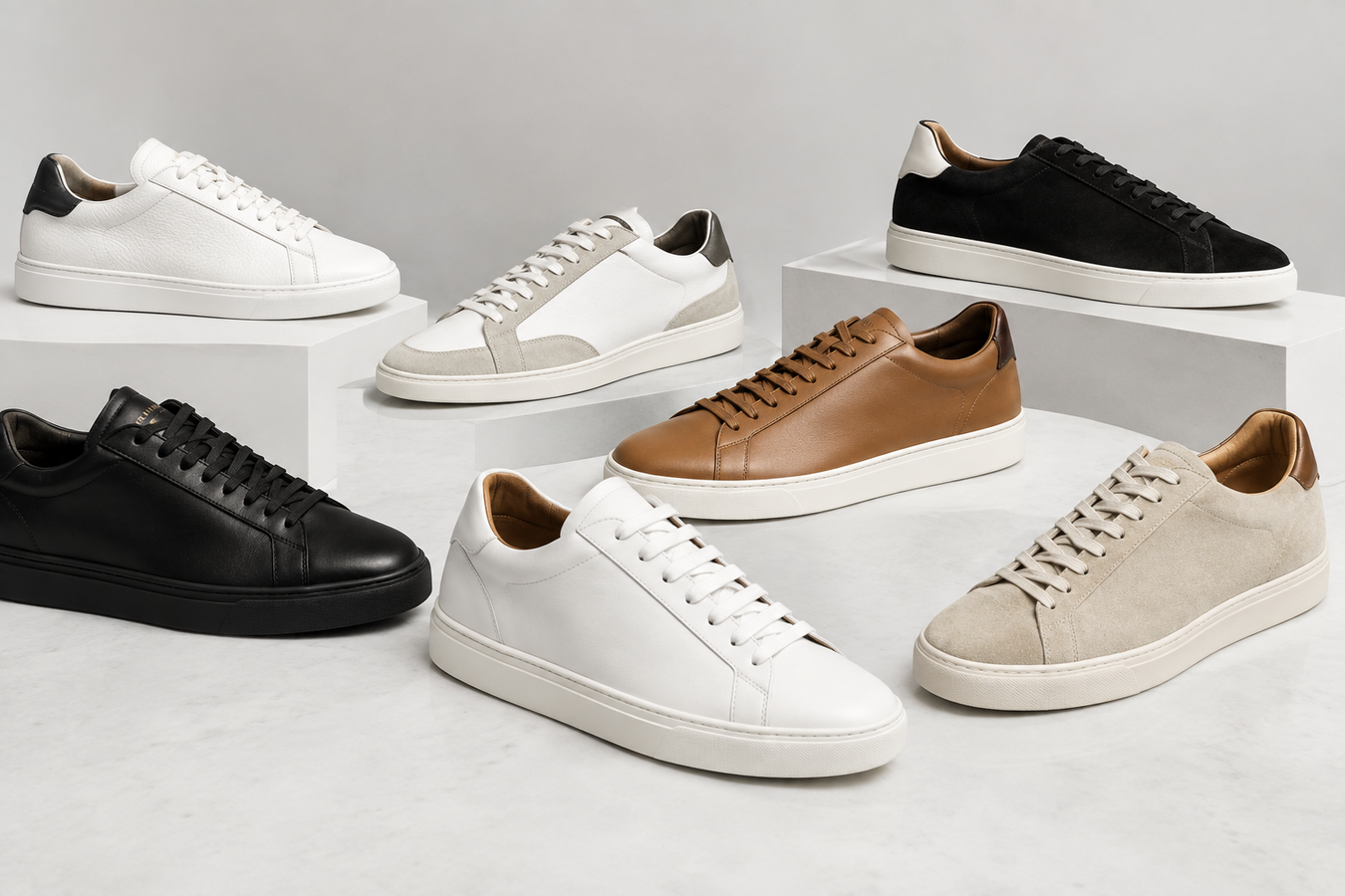 Designer Low Tops Sneakers for Men collection featuring premium white, black, beige, gray, and brown low-top sneakers displayed on platforms—Designer Low Tops Sneakers for Men | Shop at Urbalenti NYC